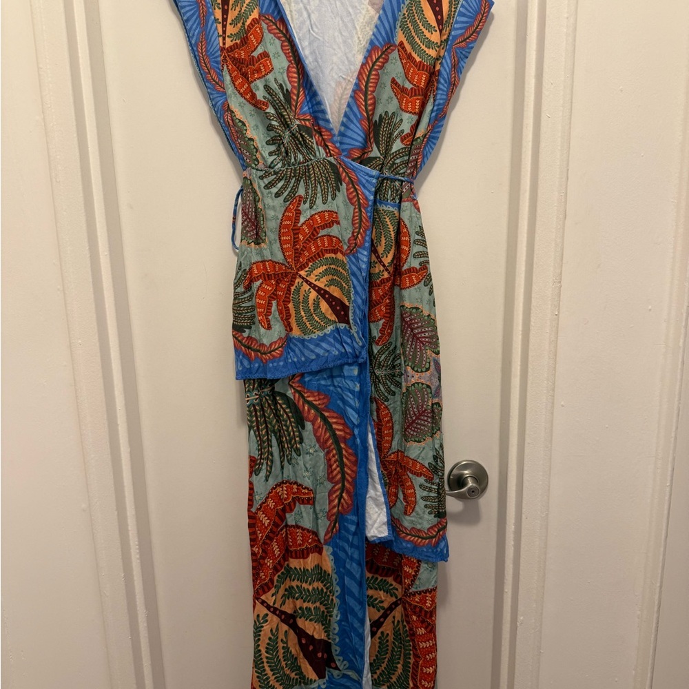 Farm Rio dress Tropical Print Robe with Blue Trim